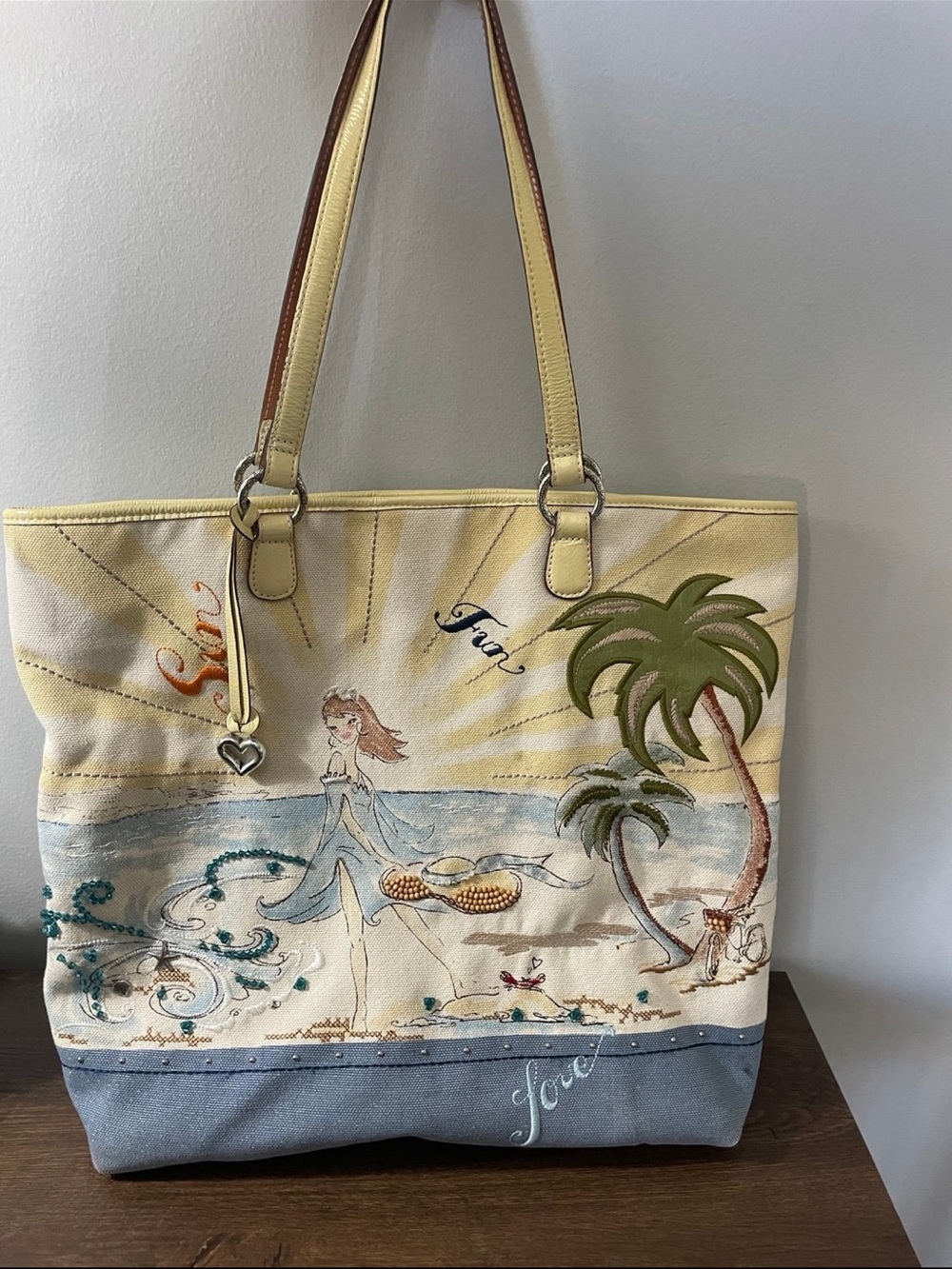 Brighton Yellow and Blue Beach Illustration Canvas Tote with Heart Charm